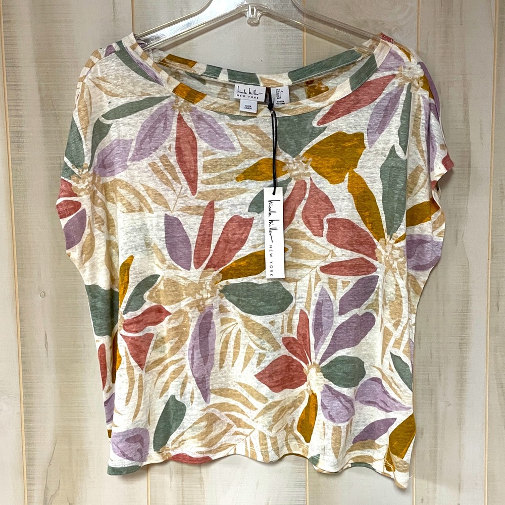NWT Nicole Miller Linen White Pink Green Purple Floral Short Sleeve Top Sz L